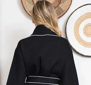 Women’s Waffle Piping Bathrobe – Lightweight Spa-Style Comfort Lotus Linen