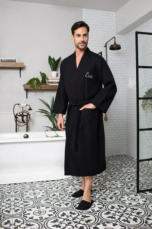 Waffle Kimono Spa Bathrobe for Men -  Absorbent, Lightweight Lotus Linen