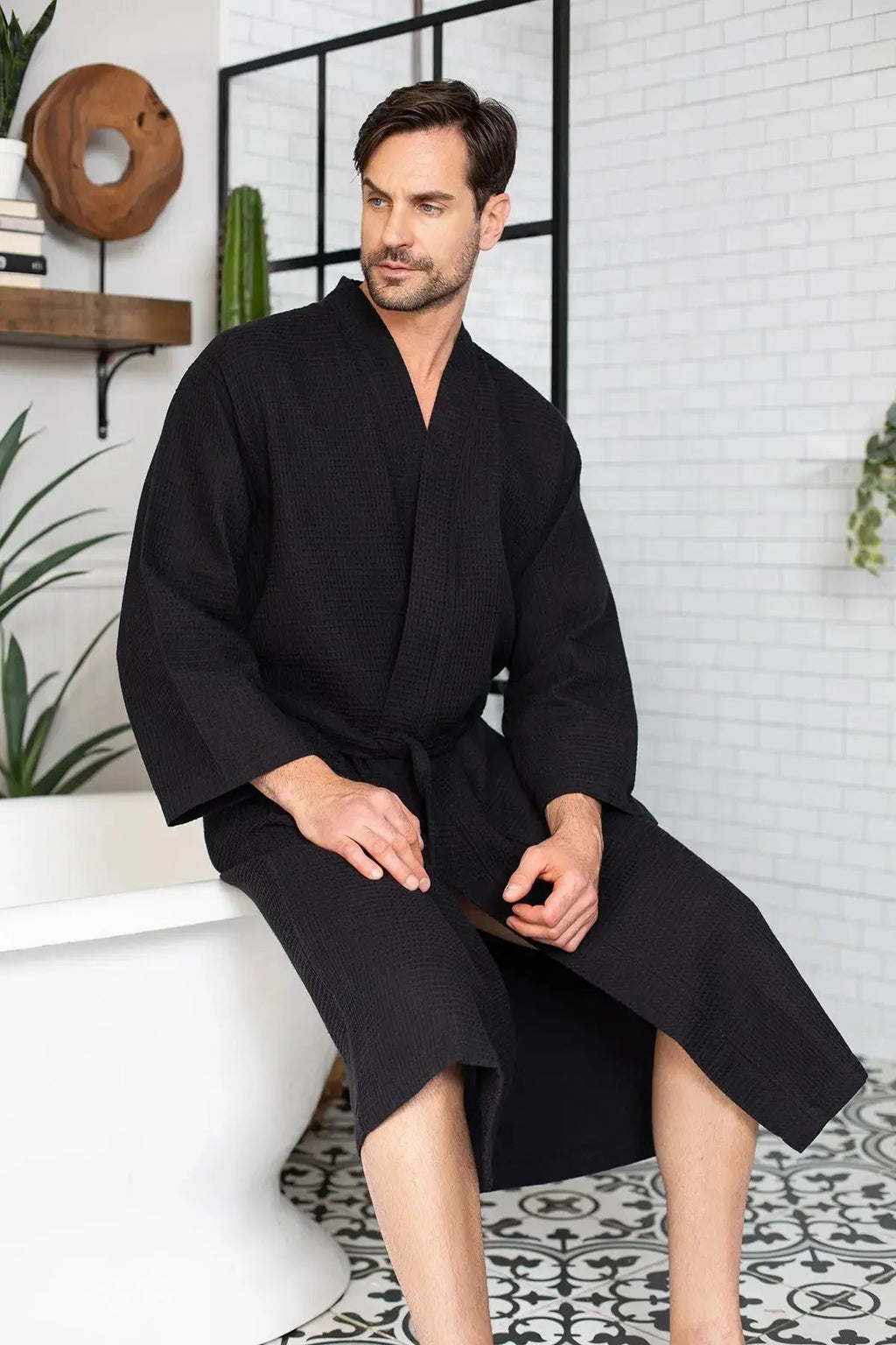 Waffle Kimono Spa Bathrobe for Men -  Absorbent, Lightweight Lotus Linen