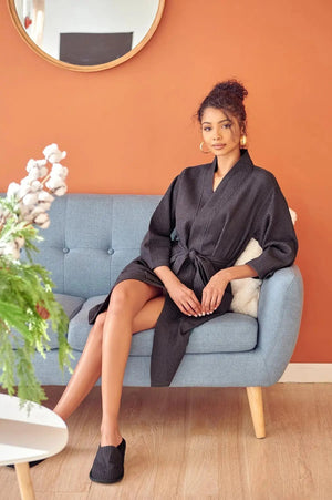 Knee-Length Waffle Kimono Robe for Women Lotus Linen