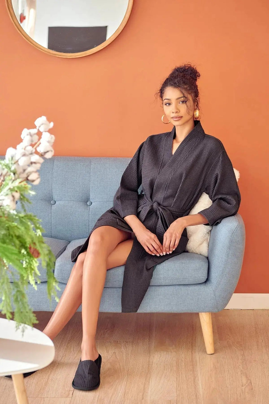 Knee-Length Waffle Kimono Robe for Women Lotus Linen