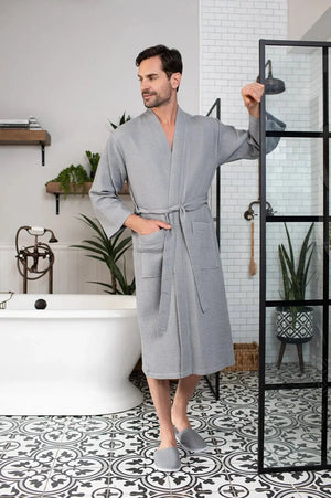 Waffle Kimono Spa Bathrobe for Men -  Absorbent, Lightweight Lotus Linen
