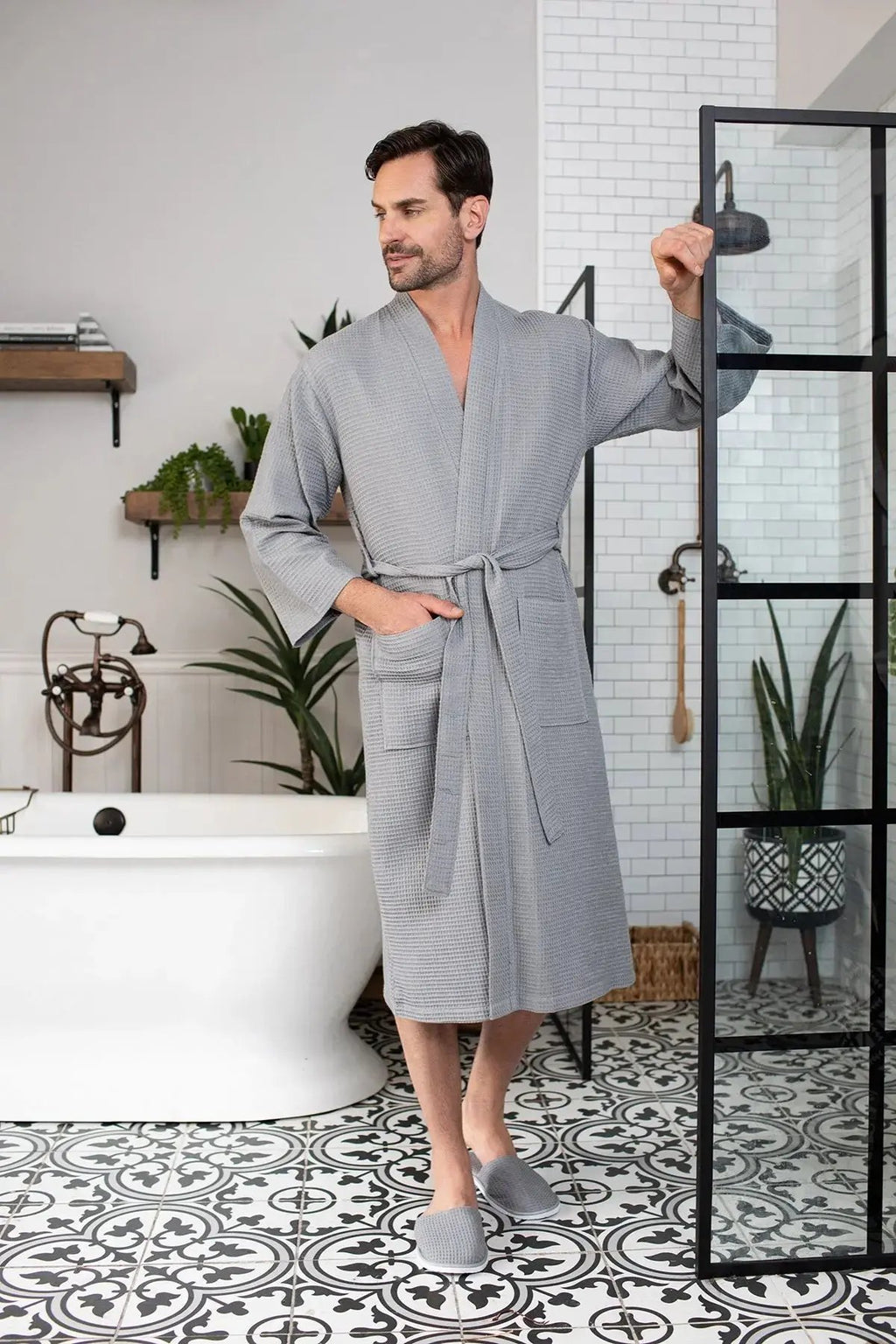 Waffle Kimono Spa Bathrobe for Men -  Absorbent, Lightweight Lotus Linen