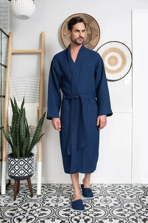 Waffle Kimono Spa Bathrobe for Men -  Absorbent, Lightweight Lotus Linen