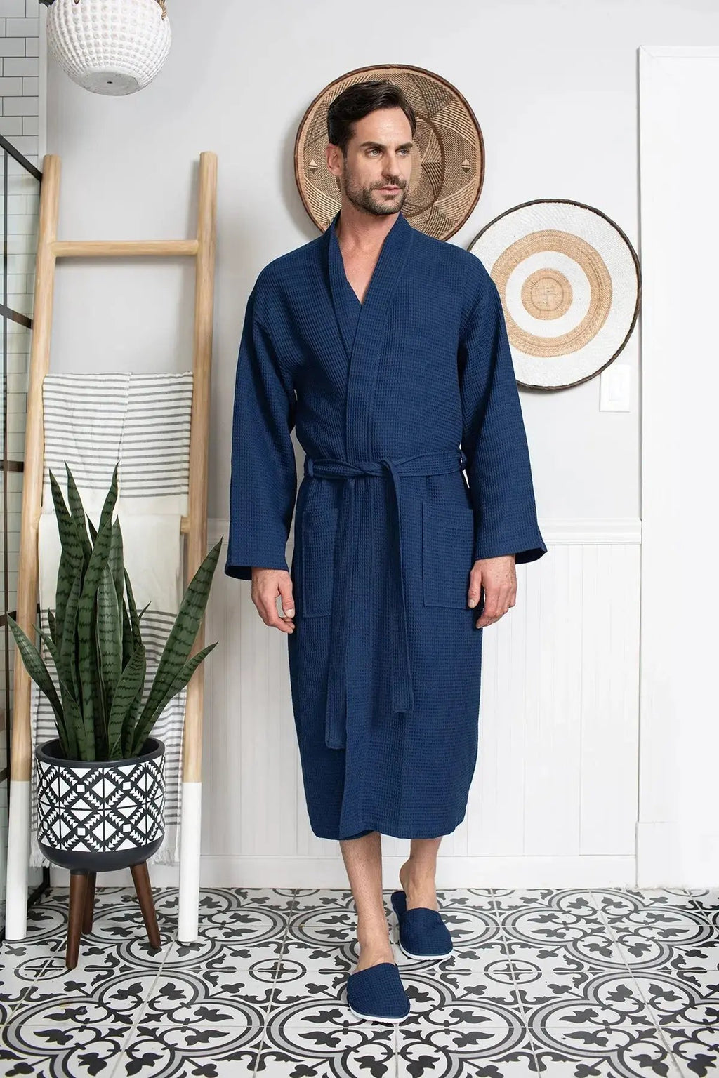 Waffle Kimono Spa Bathrobe for Men -  Absorbent, Lightweight Lotus Linen
