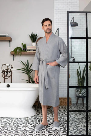 Waffle Kimono Spa Bathrobe for Men -  Absorbent, Lightweight Lotus Linen