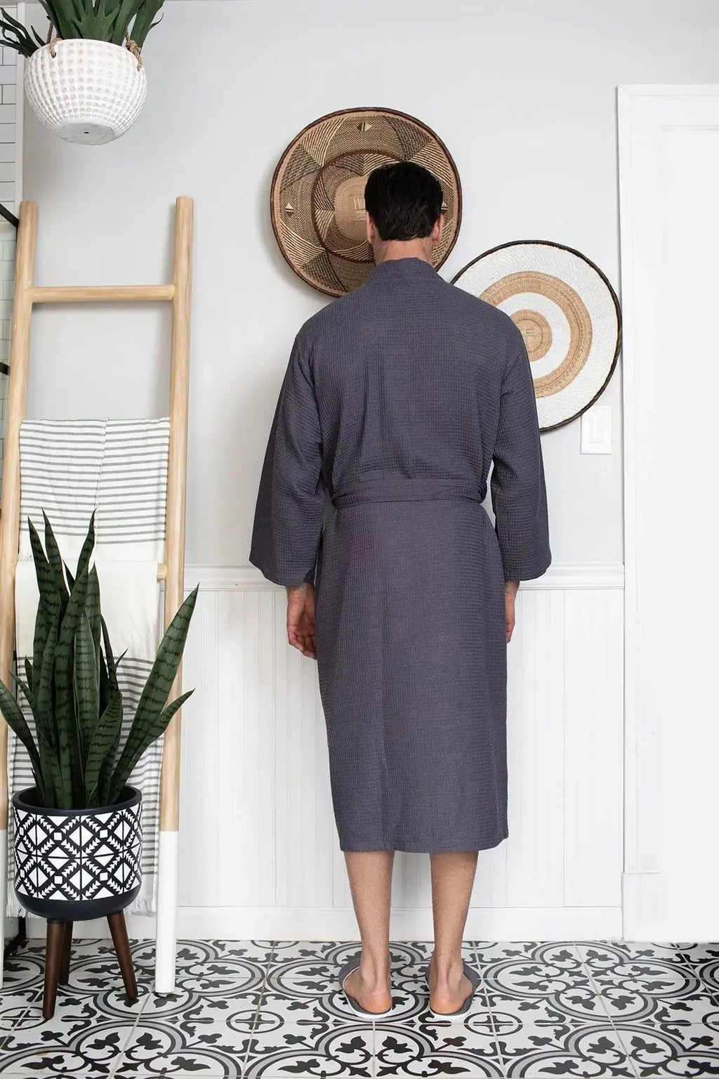 Waffle Kimono Spa Bathrobe for Men -  Absorbent, Lightweight Lotus Linen