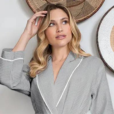 Knee-Length Waffle Kimono Robe for Women Lotus Linen