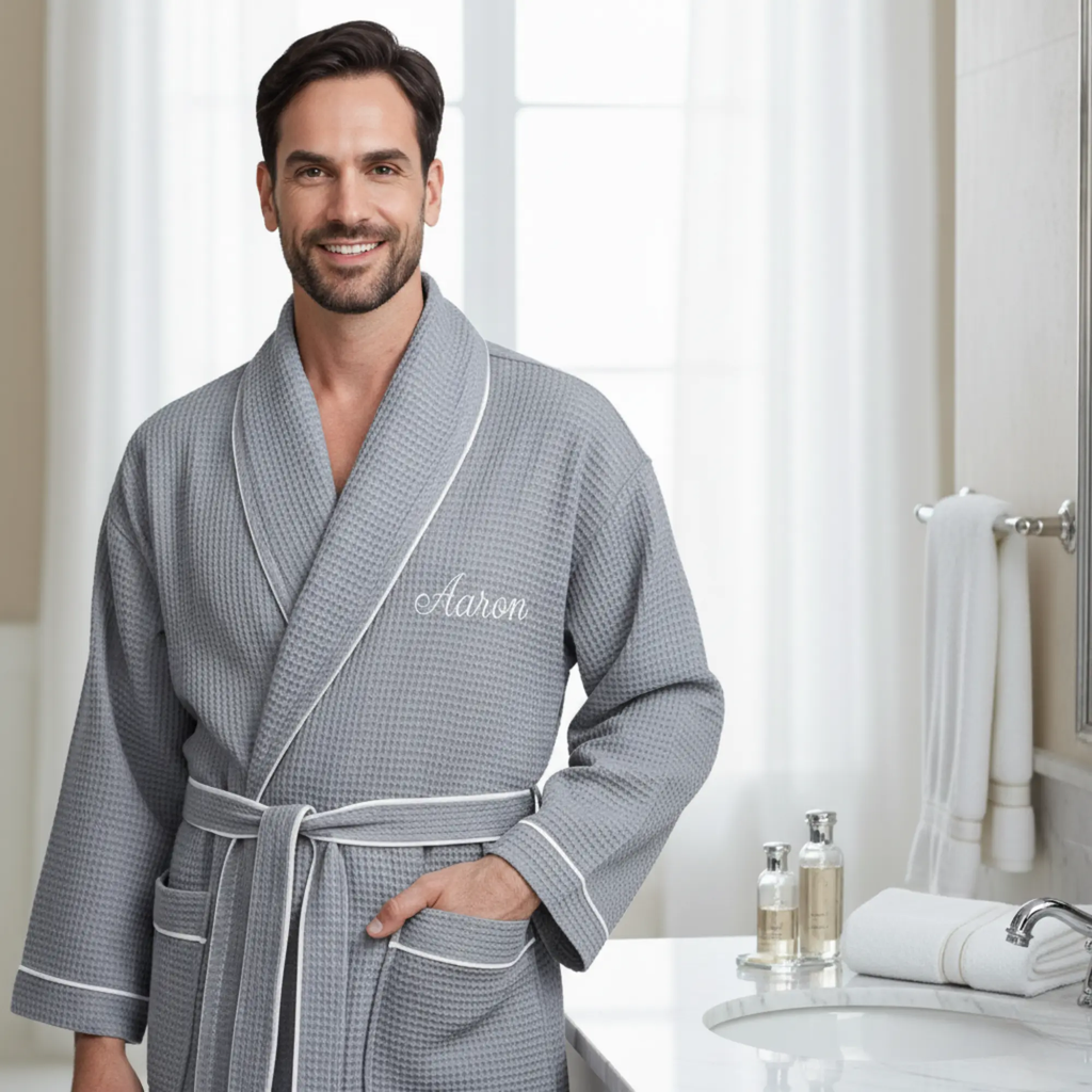 Premium Waffle Piping Robe for Men Lotus Linen
