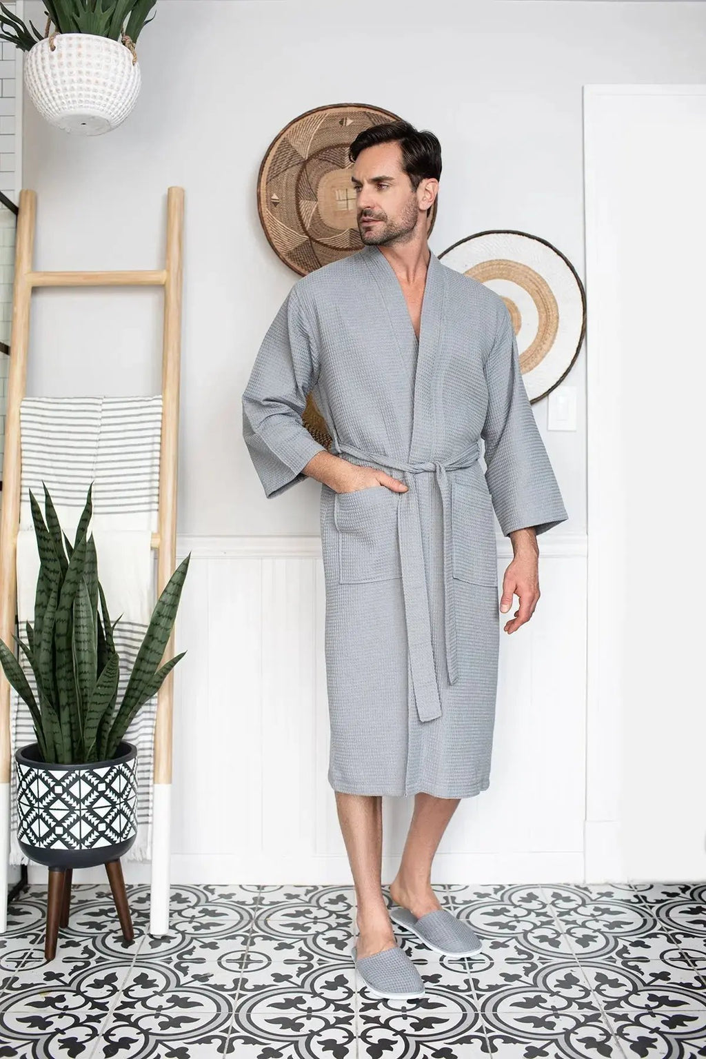 Waffle Kimono Spa Bathrobe for Men -  Absorbent, Lightweight Lotus Linen