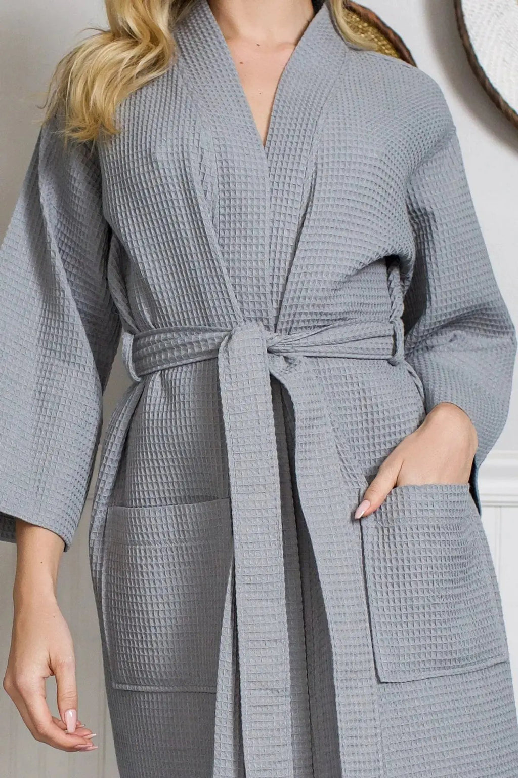 Knee-Length Waffle Kimono Robe for Women Lotus Linen