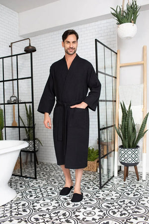 Waffle Kimono Spa Bathrobe for Men -  Absorbent, Lightweight Lotus Linen