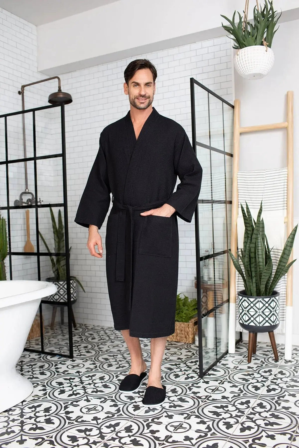 Waffle Kimono Spa Bathrobe for Men -  Absorbent, Lightweight Lotus Linen