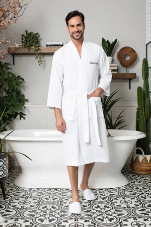 Waffle Kimono Spa Bathrobe for Men -  Absorbent, Lightweight Lotus Linen