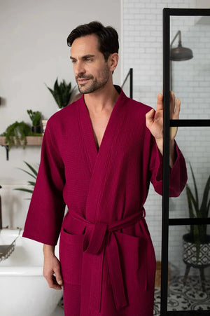 Waffle Kimono Spa Bathrobe for Men -  Absorbent, Lightweight Lotus Linen
