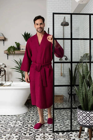 Waffle Kimono Spa Bathrobe for Men -  Absorbent, Lightweight Lotus Linen