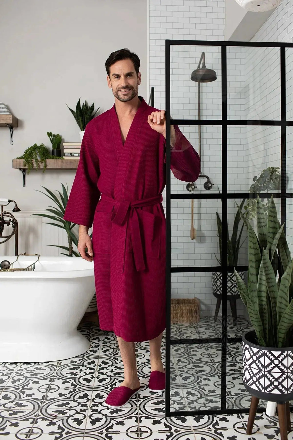 Waffle Kimono Spa Bathrobe for Men -  Absorbent, Lightweight Lotus Linen