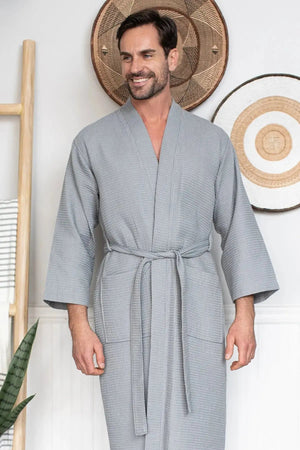 Waffle Kimono Spa Bathrobe for Men -  Absorbent, Lightweight Lotus Linen