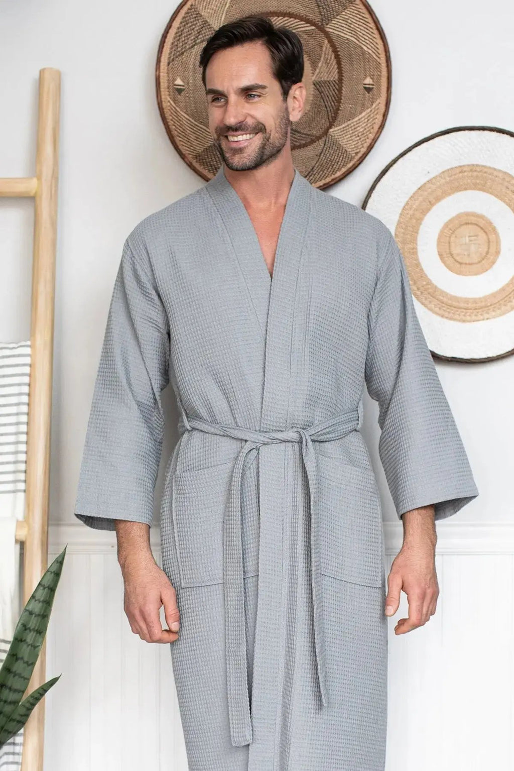 Waffle Kimono Spa Bathrobe for Men -  Absorbent, Lightweight Lotus Linen
