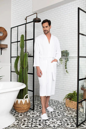 Waffle Kimono Spa Bathrobe for Men -  Absorbent, Lightweight Lotus Linen