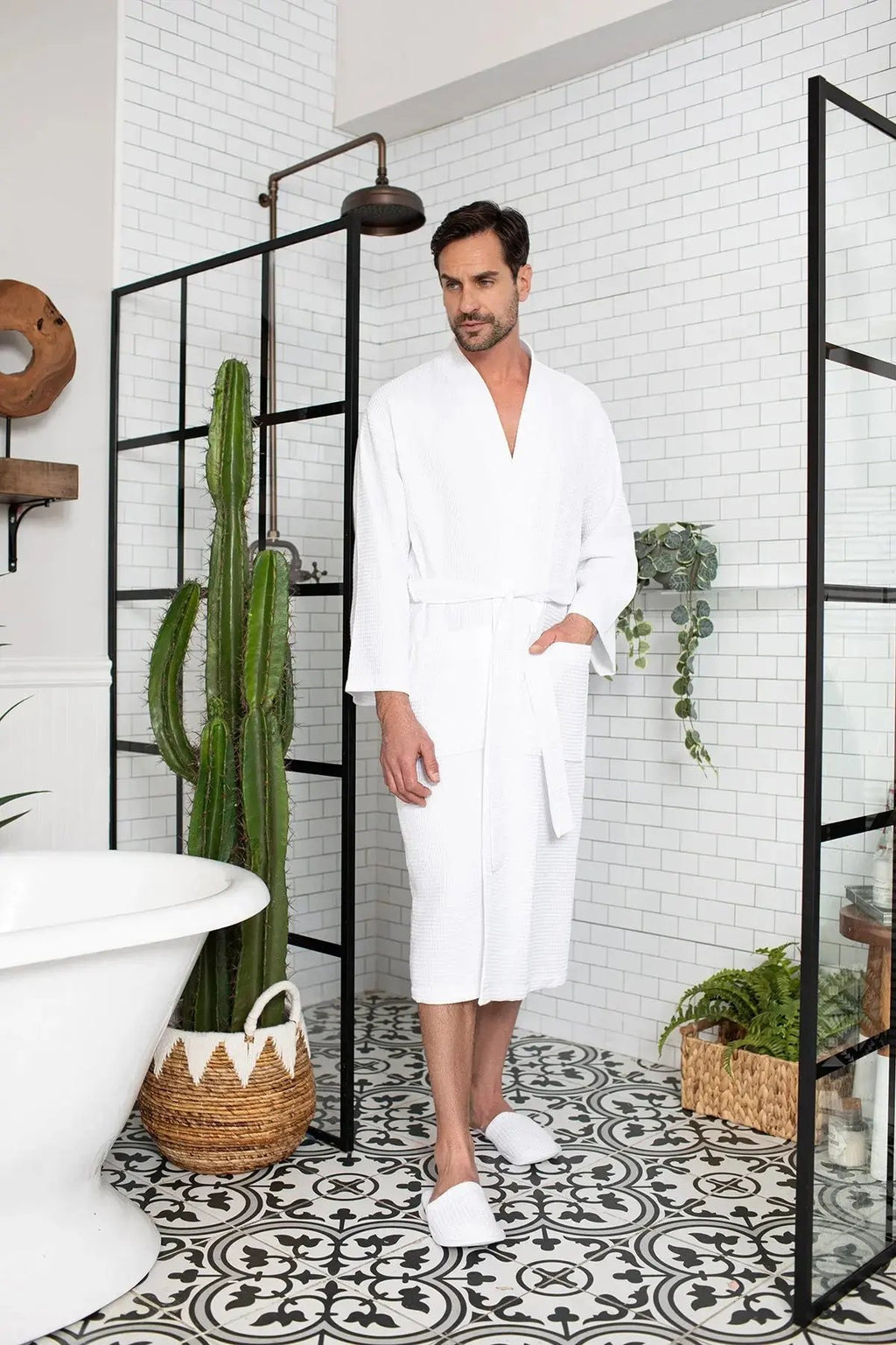 Waffle Kimono Spa Bathrobe for Men -  Absorbent, Lightweight Lotus Linen