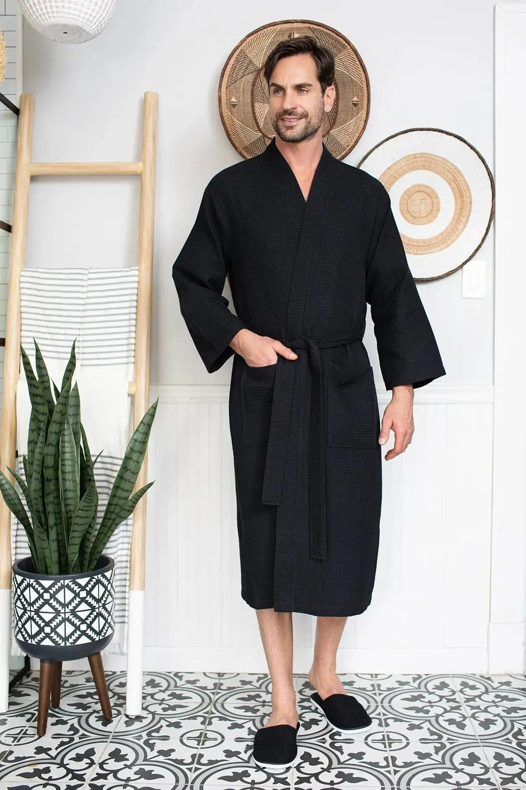 Waffle Kimono Spa Bathrobe for Men -  Absorbent, Lightweight Lotus Linen