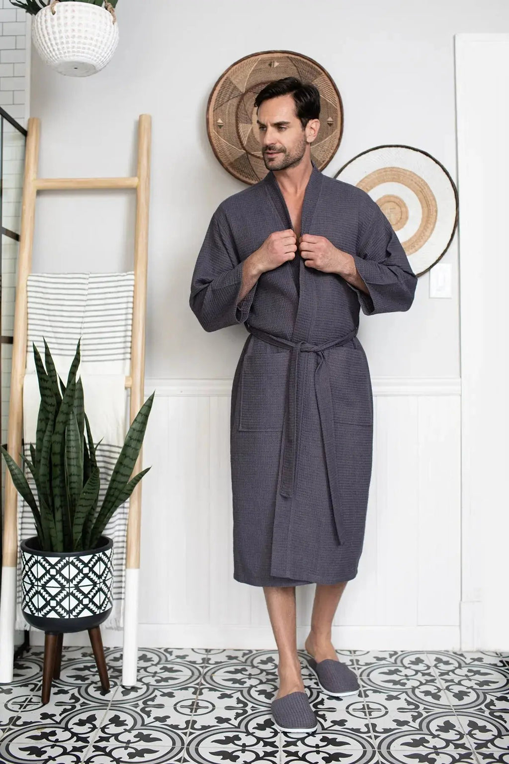 Waffle Kimono Spa Bathrobe for Men -  Absorbent, Lightweight Lotus Linen