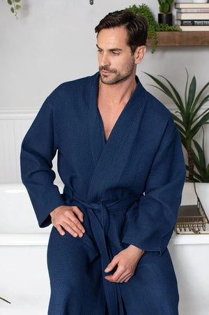Waffle Kimono Spa Bathrobe for Men -  Absorbent, Lightweight Lotus Linen