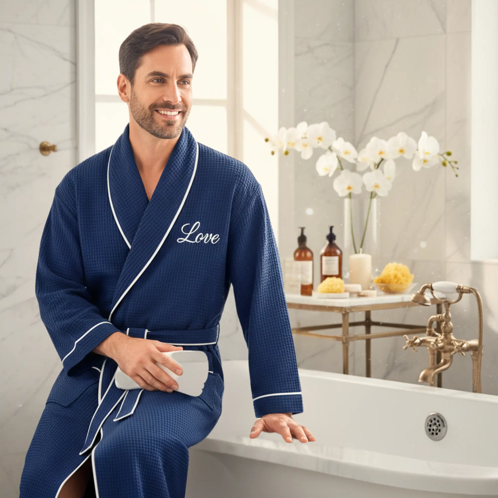 Premium Waffle Piping Robe for Men Lotus Linen
