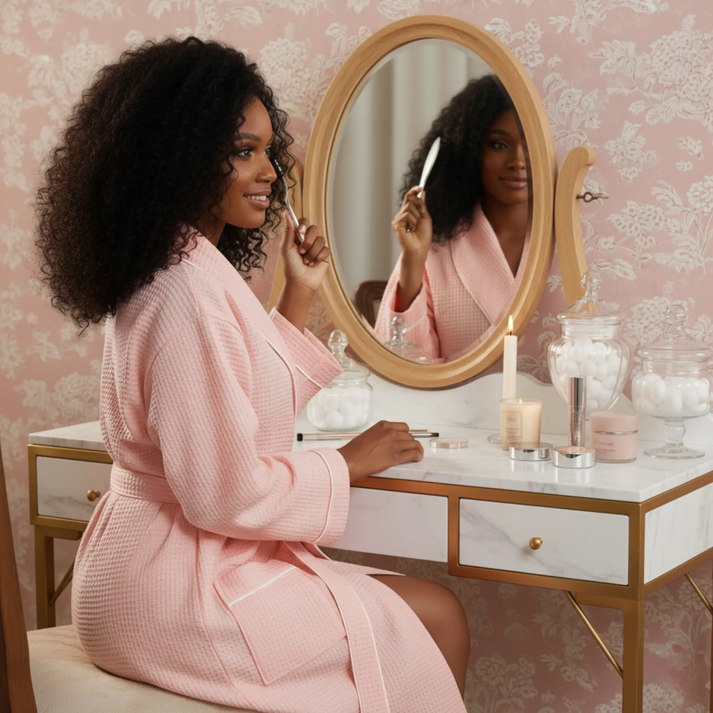 Women’s Waffle Piping Bathrobe – Lightweight Spa-Style Comfort Lotus Linen