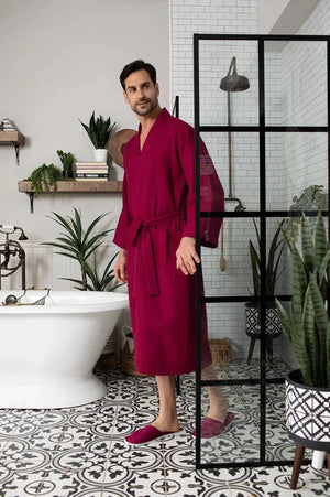 Waffle Kimono Spa Bathrobe for Men -  Absorbent, Lightweight Lotus Linen