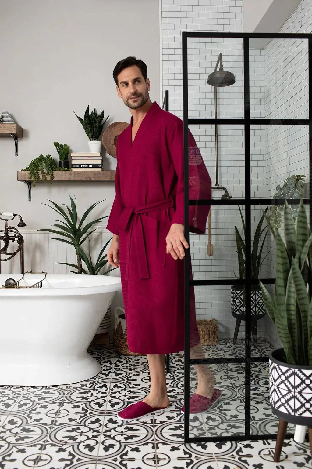 Waffle Kimono Spa Bathrobe for Men -  Absorbent, Lightweight Lotus Linen
