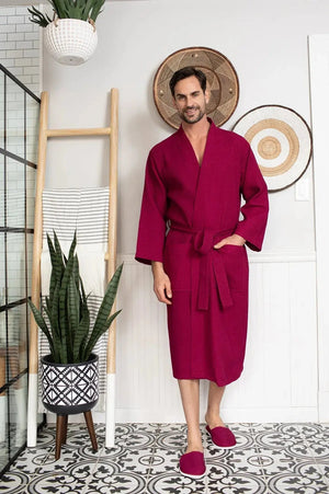 Waffle Kimono Spa Bathrobe for Men -  Absorbent, Lightweight Lotus Linen