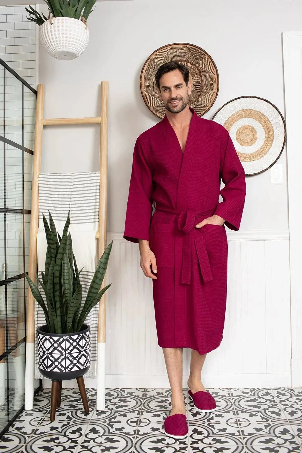 Waffle Kimono Spa Bathrobe for Men -  Absorbent, Lightweight Lotus Linen