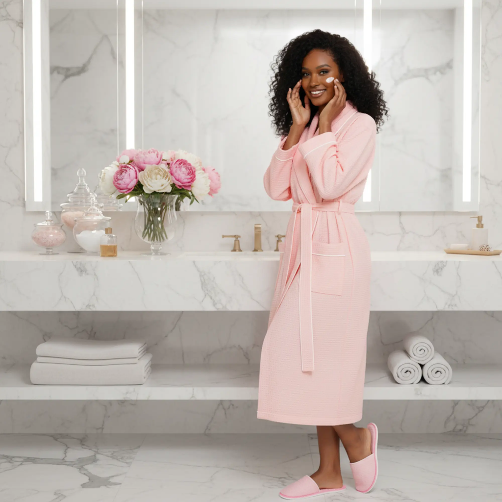 Women’s Waffle Piping Bathrobe – Lightweight Spa-Style Comfort Lotus Linen