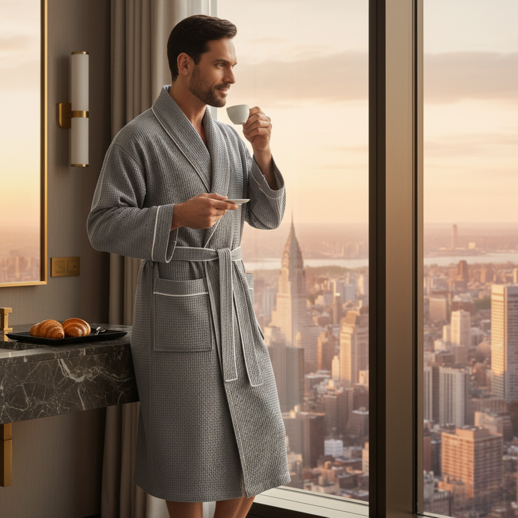 Premium Waffle Piping Robe for Men Lotus Linen