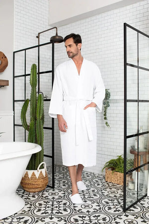 Waffle Kimono Spa Bathrobe for Men -  Absorbent, Lightweight Lotus Linen