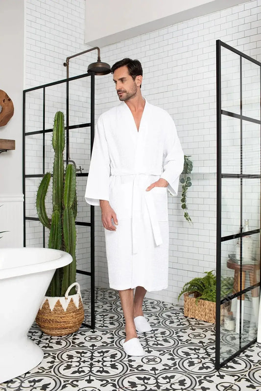 Waffle Kimono Spa Bathrobe for Men -  Absorbent, Lightweight Lotus Linen