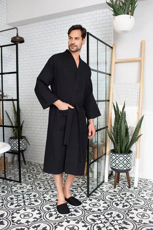 Waffle Kimono Spa Bathrobe for Men -  Absorbent, Lightweight Lotus Linen
