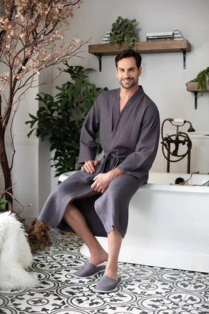 Waffle Kimono Spa Bathrobe for Men -  Absorbent, Lightweight Lotus Linen