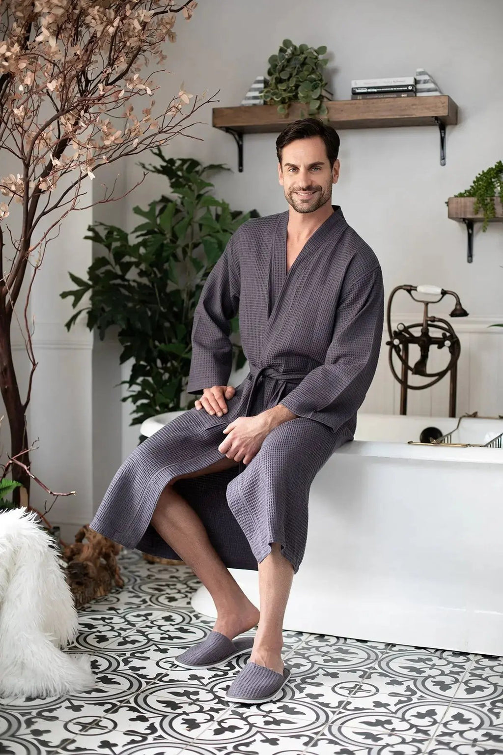 Waffle Kimono Spa Bathrobe for Men -  Absorbent, Lightweight Lotus Linen