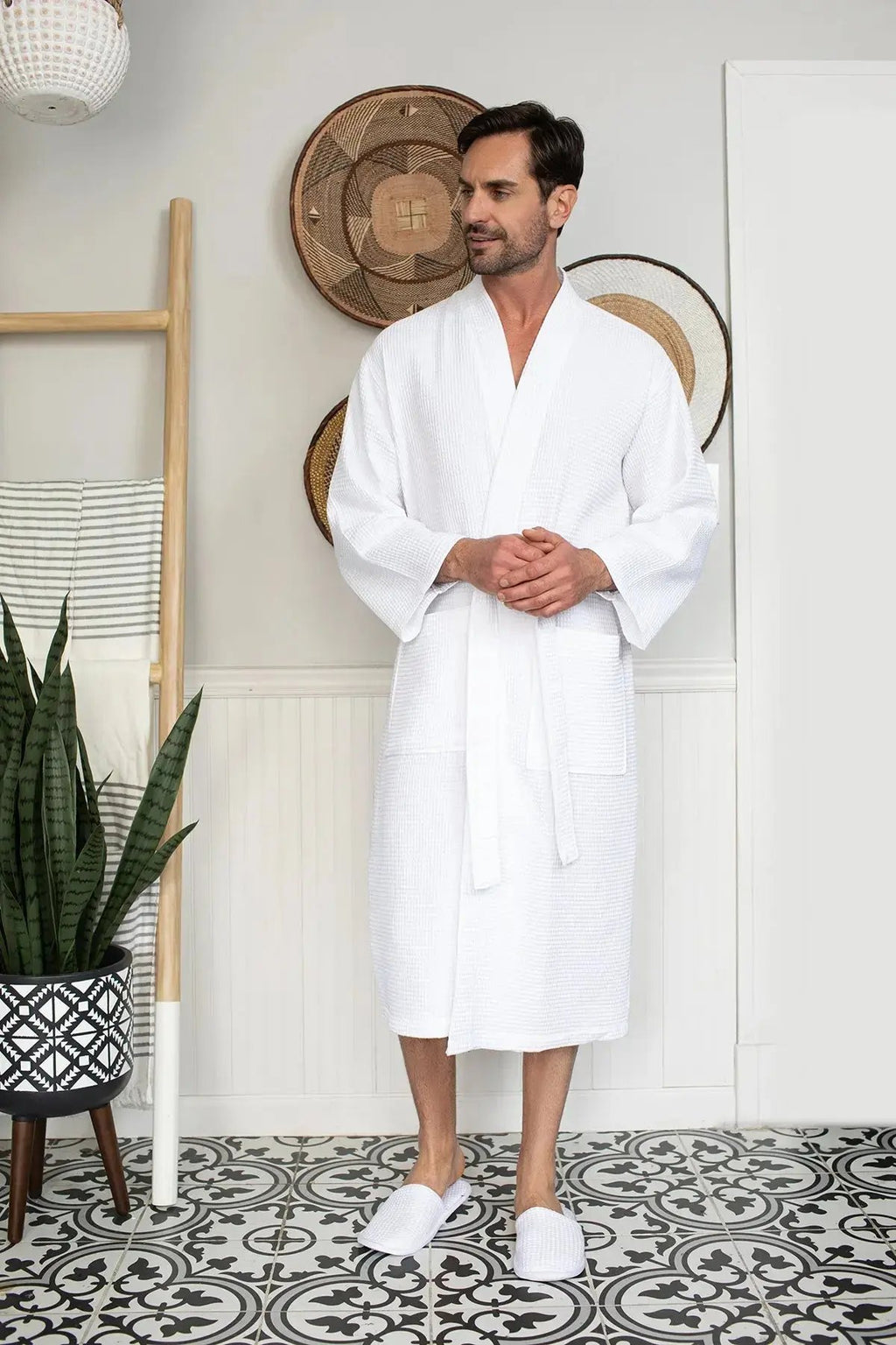 Waffle Kimono Spa Bathrobe for Men -  Absorbent, Lightweight Lotus Linen