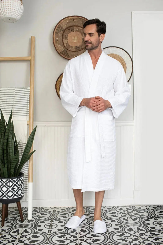 Waffle Kimono Spa Bathrobe for Men -  Absorbent, Lightweight Lotus Linen