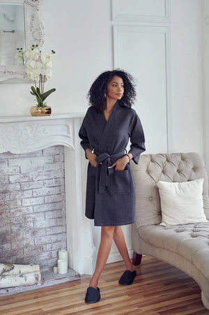 Knee-Length Waffle Kimono Robe for Women Lotus Linen