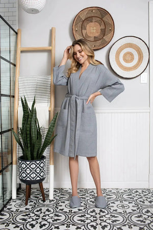 Knee-Length Waffle Kimono Robe for Women Lotus Linen